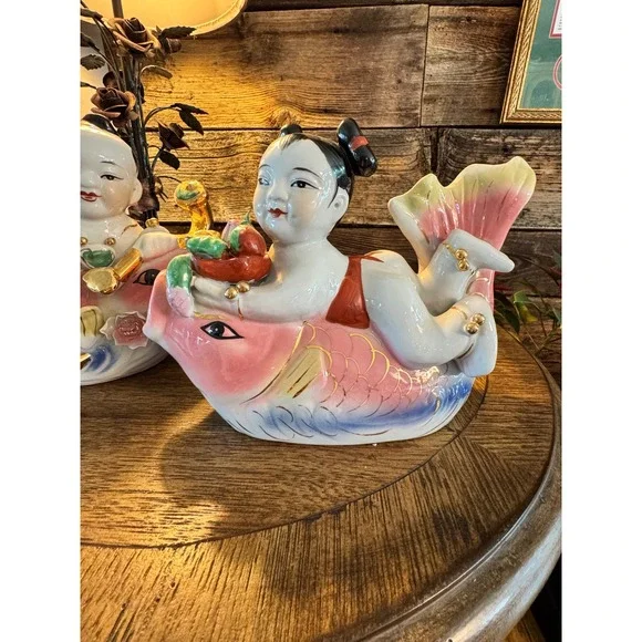 Vintage Chinese Porcelain tongzi Riding Koi Fish Figurines Gold Gilt Pair 2pc